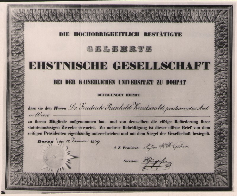 Foto. Fr. R. Kreutzwaldi tunnistus ÕES-i liikmeks nimetamise kohta, 18.01.1839.