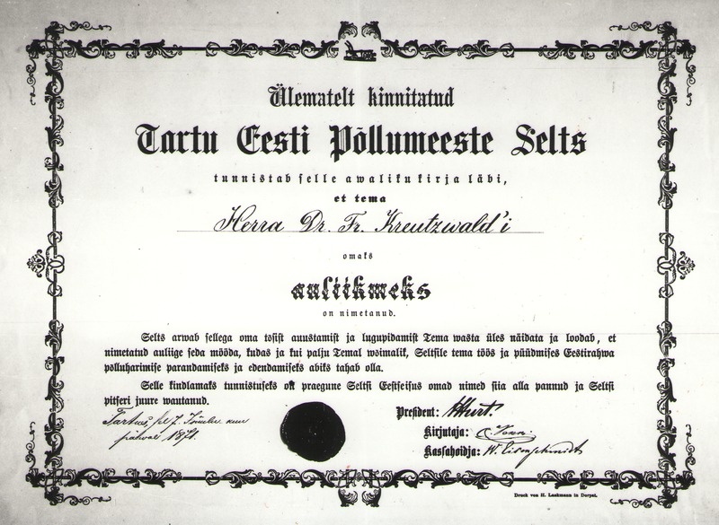 Foto. Fr. R. Kreutzwaldi tunnistus Tartu Eesti Põllumeeste Seltsi auliikmeks nimetamise kohta, 07.12.1871.