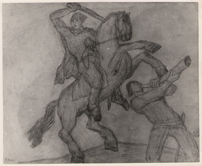 Foto. K. Raua söejoonis SÕTTA MINEK (Fr. R. Kreutzwaldi KALEVIPOJA ainetel).