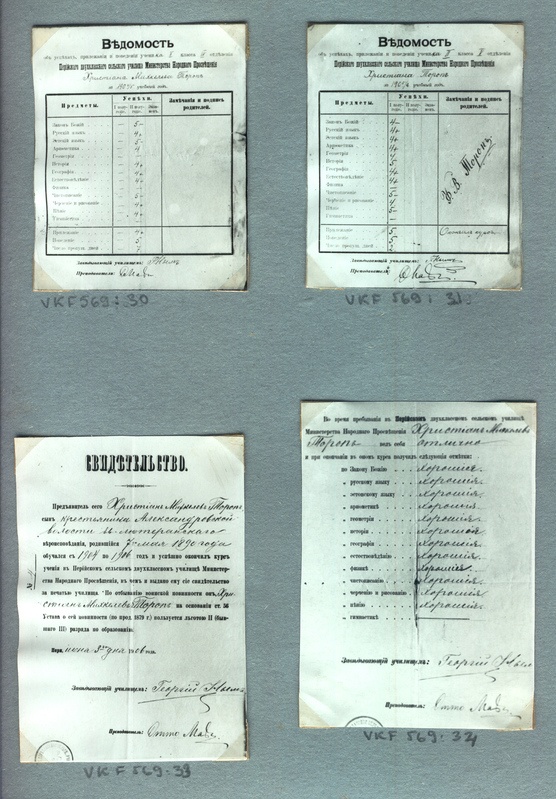 Fotoalbum. Navi algkool. Tunnistus Kristjan Toropile Peri kaheklassilise kooli lõpetamise kohta 1906.a.