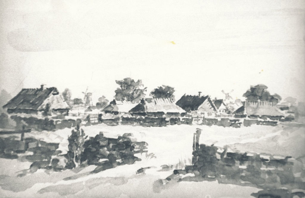Foto. Kunstnik Esko Lepa töö "Vana talu    kiviaiaga"