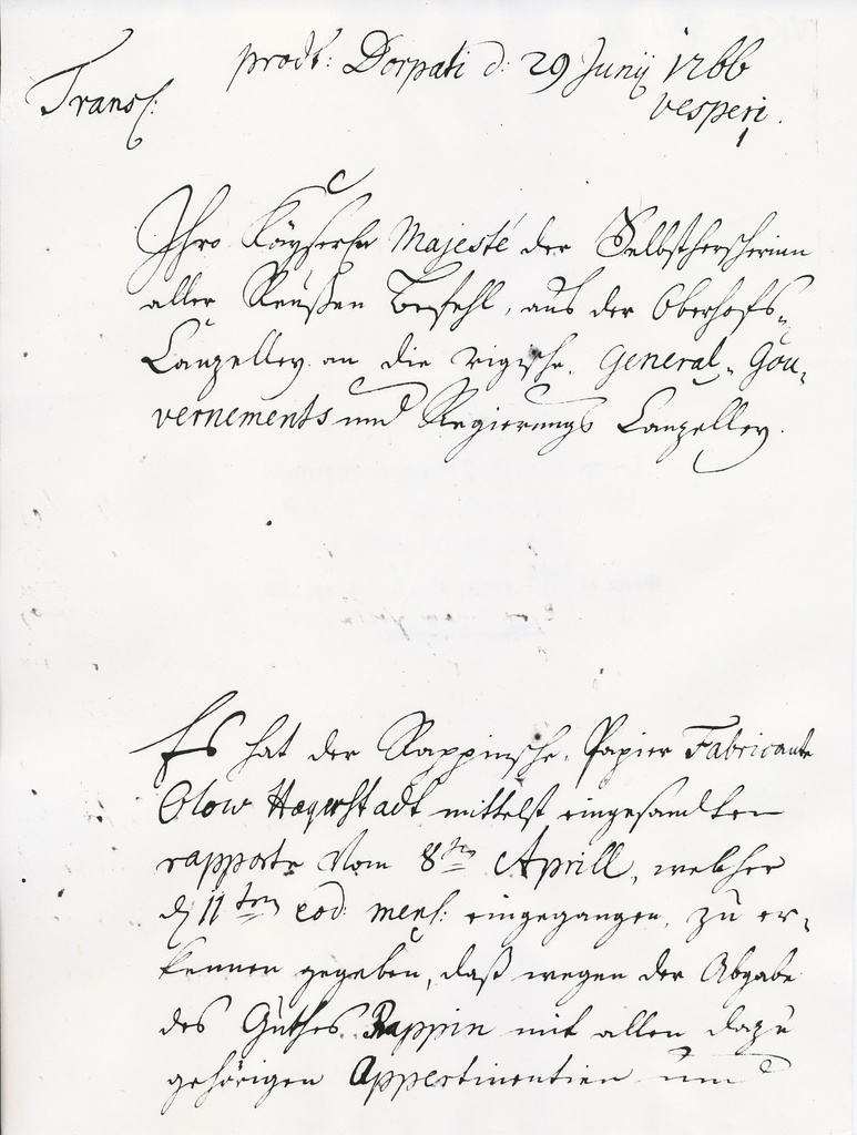 Foto. Räpina mõisa paberivabriku valitsuse kiri mõisa üleandmisel parun Loewenwoldele 29. juunil 1766.a.