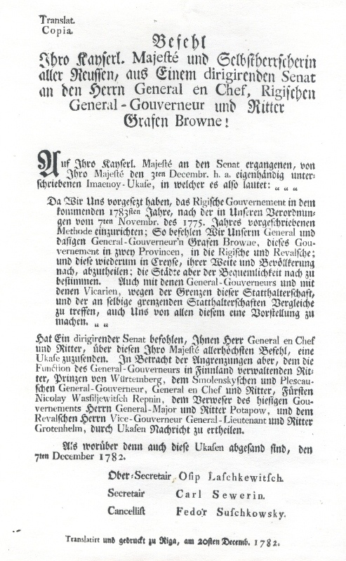 Foto. Senati käskkiri 7.11.1782.a.krahv Browne`ile, viia ellu Riia kubermangus  seadused Riia kubermangu jaotamise kohta.