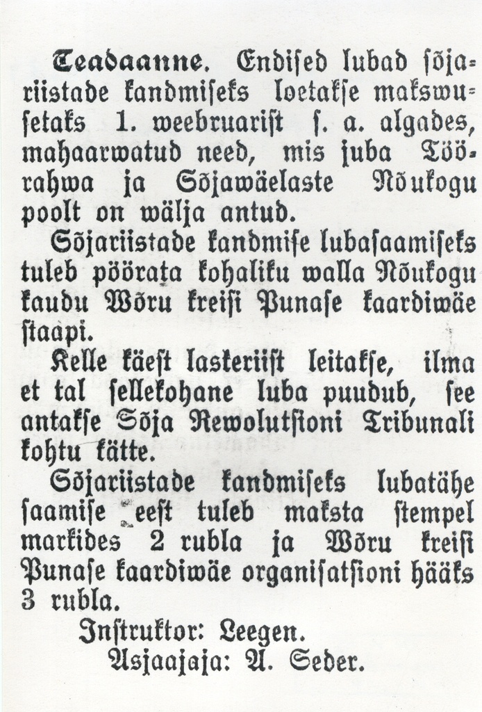 Foto. Artiklist "Teadaanne",(sõjariistade kandmise kohta), "Rahva Hääl" nr.