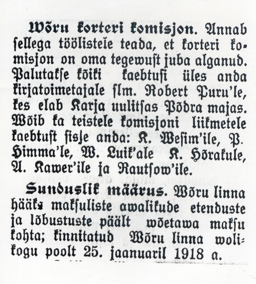 Foto. Artiklist "Wõru korterikomisjon" ja "Sunduslik määrus", "Rahva Hääl" nr. 18, 1918.a.