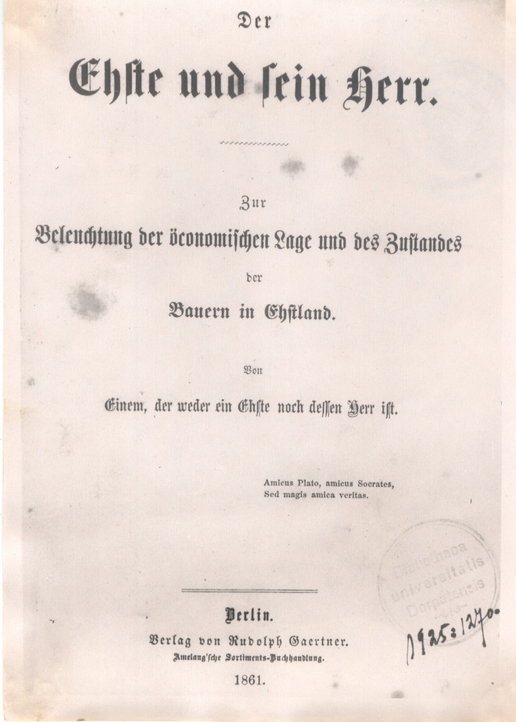 Foto. N. D. Blagoveðtsenski teose "Der Ehste und sein Herr"  tiitelleht. Berlin, 1861.