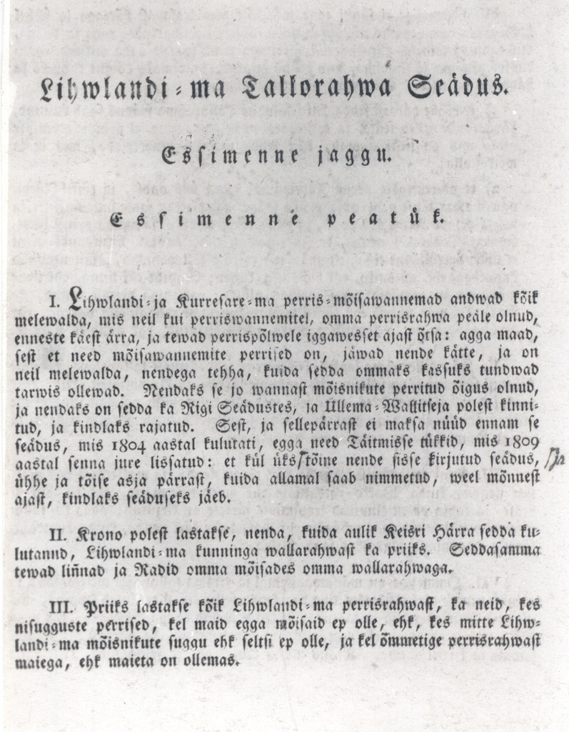 Foto. Lihwlandi-ma Tallorahwa Seadus. Essimenne jaggu, lk. 3. Tato Linnas, 1820.