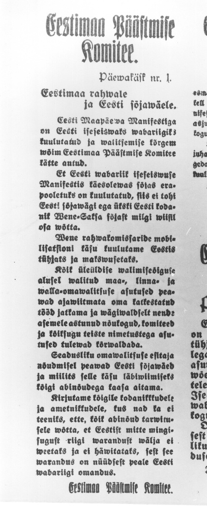 Foto. Eestimaa Päästekomitee Päevakäsk nr. 1