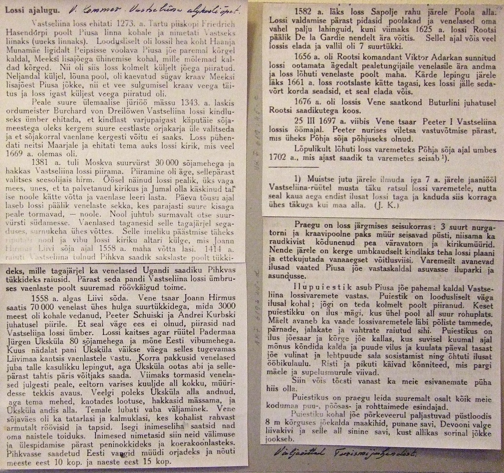 Fotoalbum. Vastseliina linnuse varemed. Fotokoopia Vastseliina algkooli õpetaja V. Kommeri koostatud tekstist.