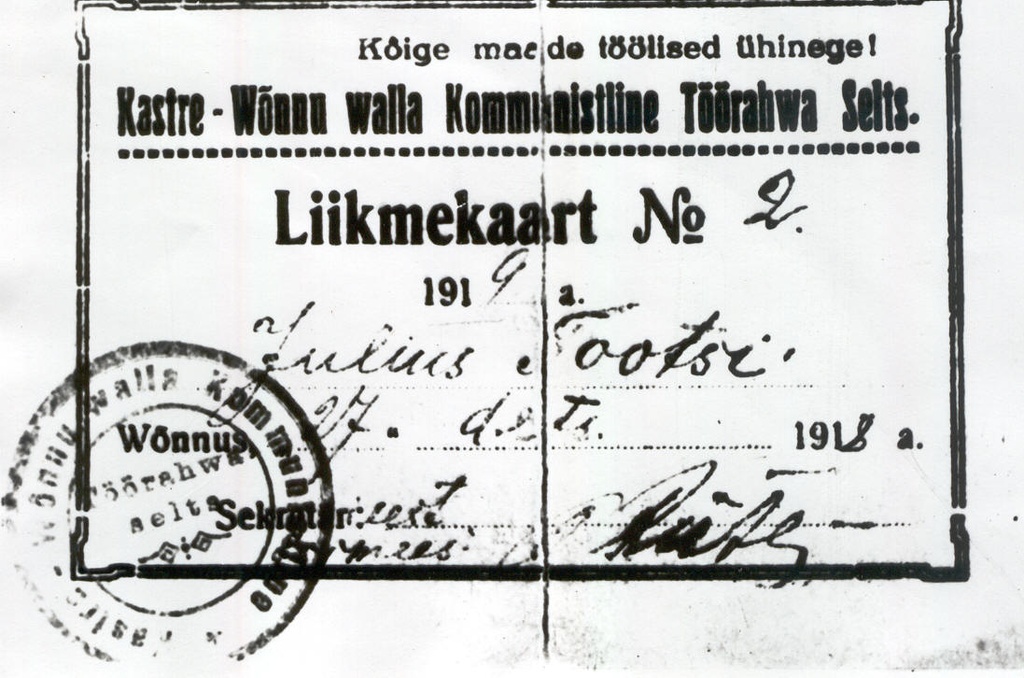 Fotokoopia dokumendist. Kastre - Võnnu valla Kommunistliku Töörahva Seltsi liikmekaart nr. 2.