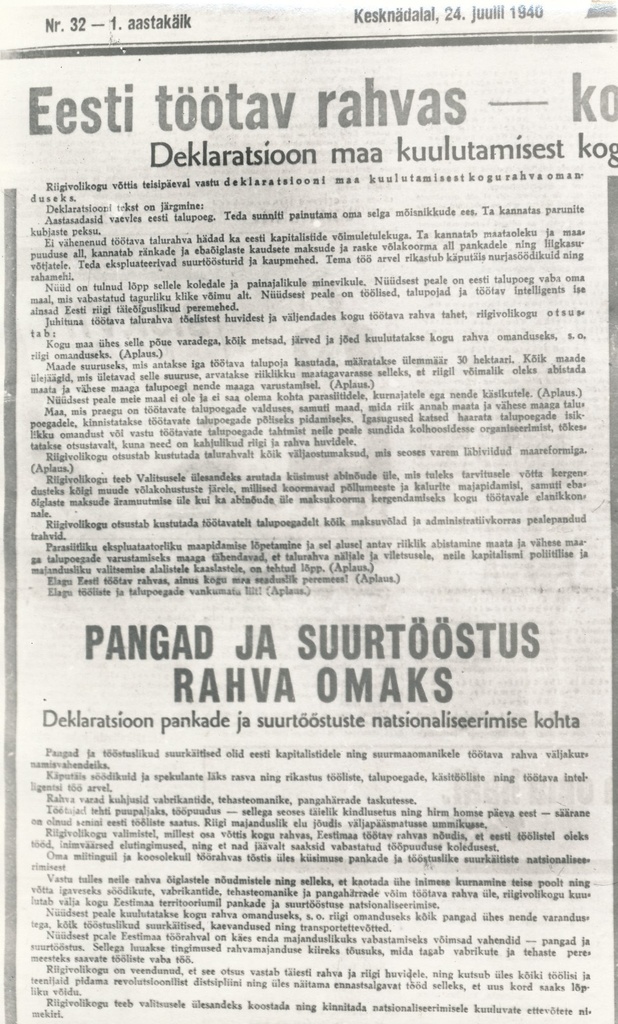 Foto dokumendist. Eesti Riigi volikogu deklaratsioon 24.juulist 1940  maa kuulutamisest kogu rahva omandiks.