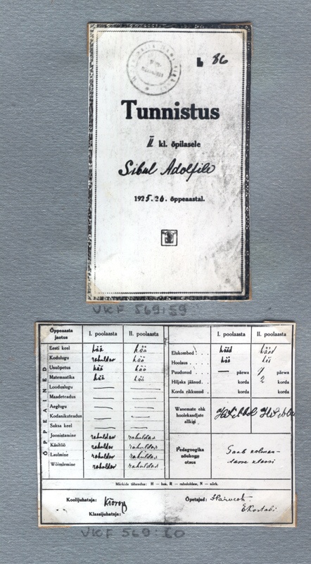 Fotoalbum.  Navi algkool. Navi algkooli III klassi õpilase Sibul , Adolfi 1926/27.õ.a.  tunnistuse sisekülg.