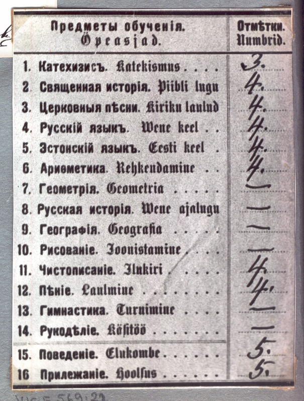 Fotoalbum. Navi algkool.  Õppeainete nimekiri vene ja eesti keeles Navi koolis 1906/107.a.