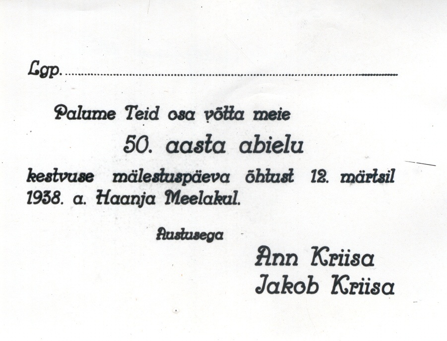 Foto. Ann ja Jakob Kriisa "kuldpulma" kutse.