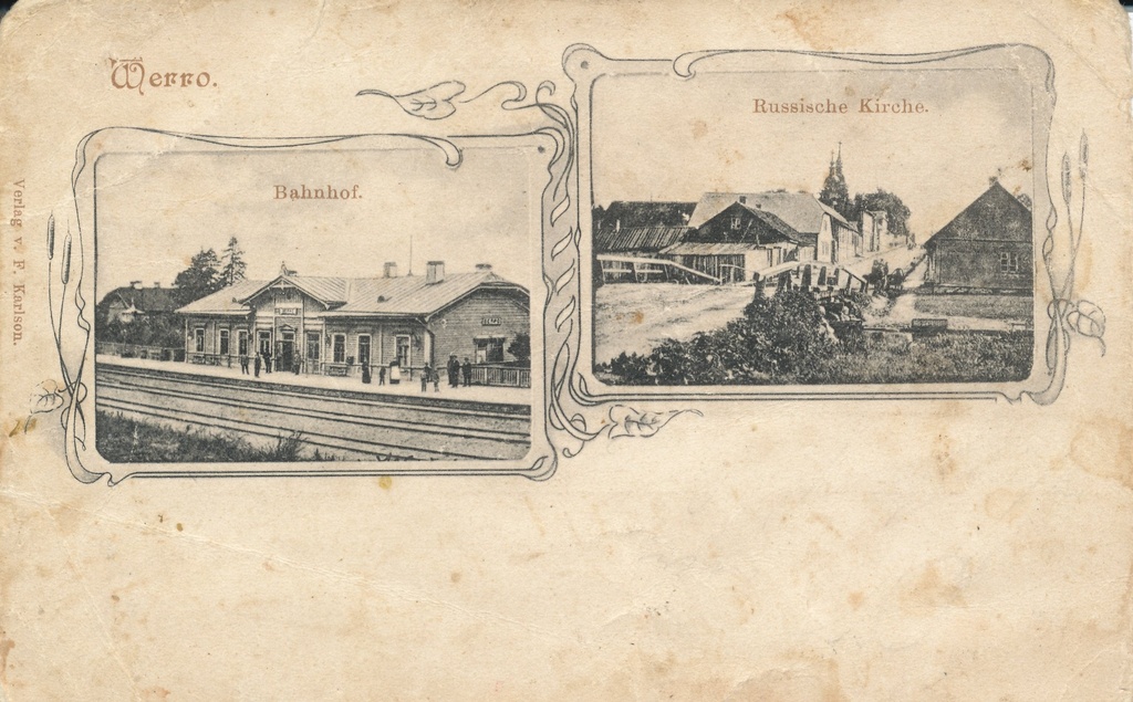 Fotopostkaart. Montaaž Võru vaateist:  Võru raudteejaam ja õigeusu kirik. F.Karlsoni trükk, XX saj. algus.