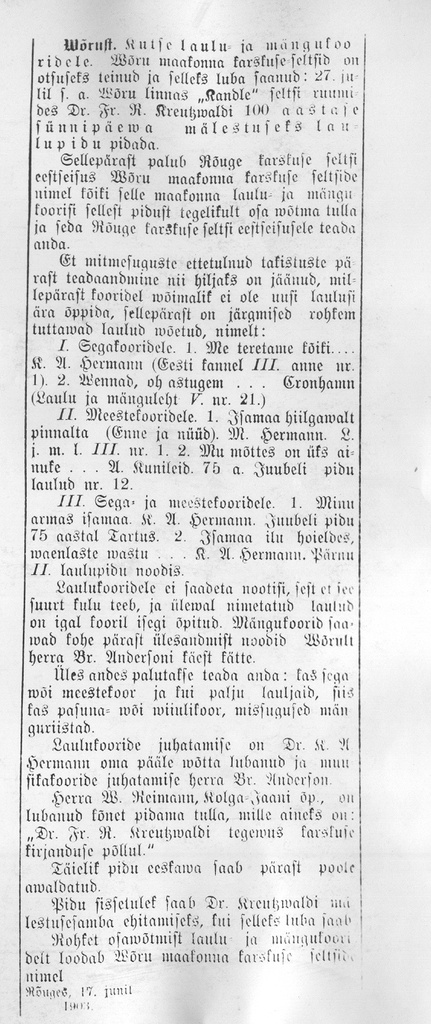 Foto. Kutse laulu- ja mängukooridele ajalehest "Uus Aeg" nr. 73, 1903.a.