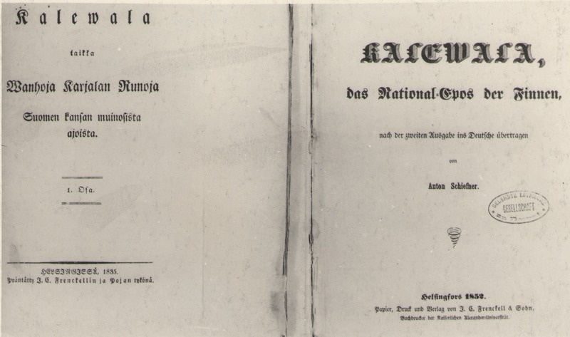 Foto. E. Lönnroti eepose KALEWALA 1835, soomekeelne ja 1852, saksakeelne tiitelleht.