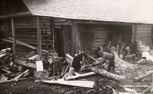 Kaevussaare küla Kaasikumrtsa talu. Puunõude materjali valmistamine ja hoidmine.