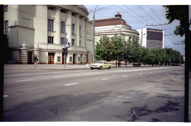 Taxi in front of the Estonian Theatre on the street