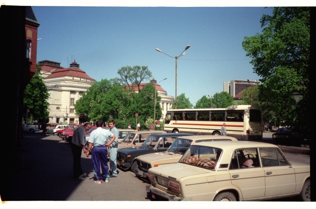 Parking in Sakala Street in Tallinn, view of Estonia Theatre and Viru Hotel