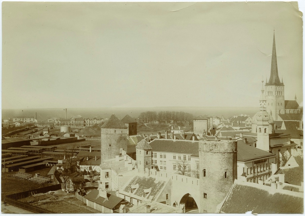 Tallinn, vaade Toompealt kirde suunas, paremal osa vanalinnast Oleviste kirikuga.