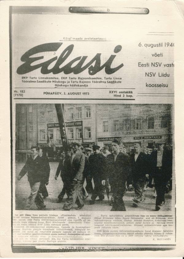 Fotokoopia ajaleht Edasi esilehest. 05.08.1973.a.