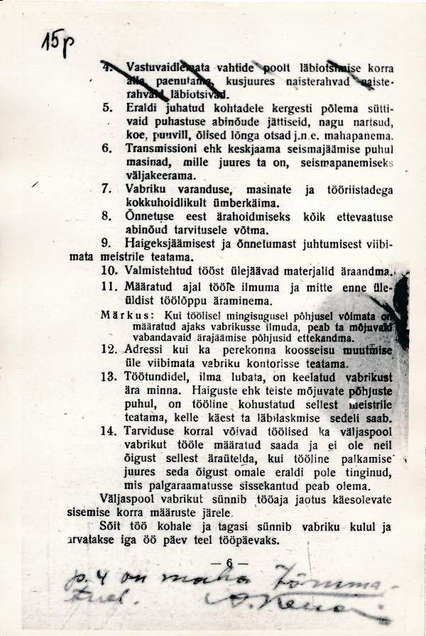 Fotokoopia. Tartu Pärmivabriku sisemise korra määrused, lk 6. 24.12.1921.a.