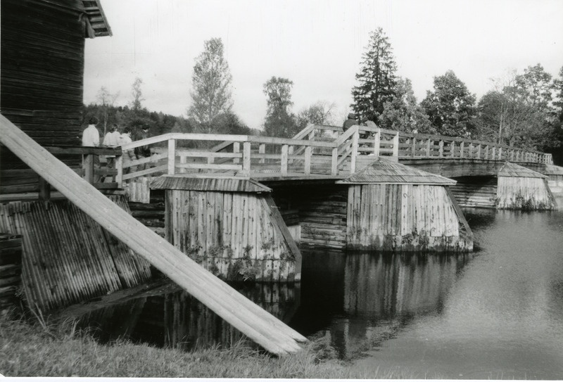 Saaremaa Muuseumi töötajate ekskursioon Põhja- ja Kesk-Eestisse 1995: osavõtjad veskitammil C. R. Jakobsoni talumuuseumis Kurgjal.