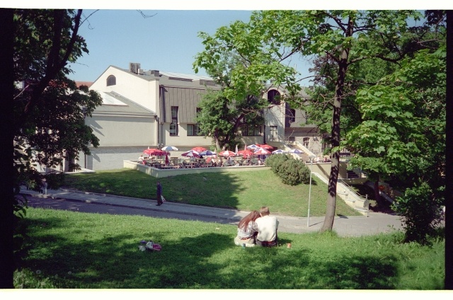 View of the outdoor cafe on the back of the Tallinn Business Building from the mountain of the Harjugate