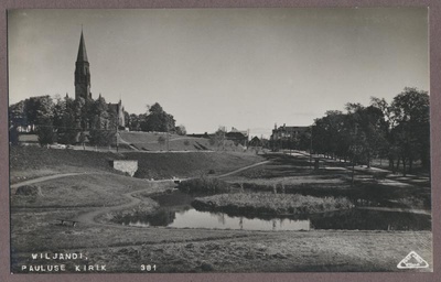 Photo, Viljandi, Valuoja org, tiik, Vaksali tn, Pauluse church, approx. 1930  duplicate photo