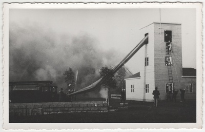 Firefighting demonstration on Hipodroom, rescue of people from the third floor of the study tower in 1937.  similar photo