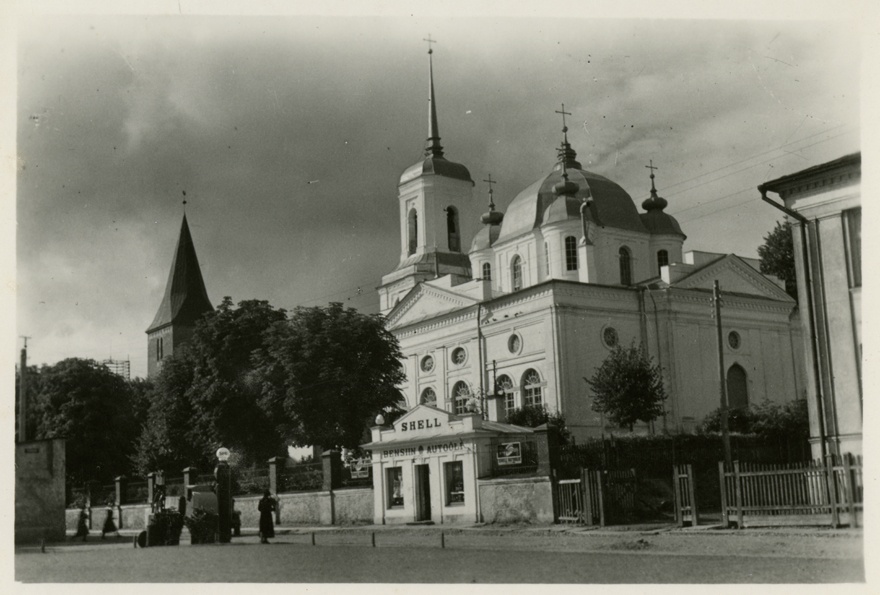 Uspensky church in Shelli gas station background, view. Architect p. Spekle or a. Pavlos