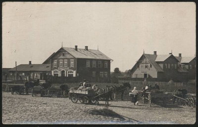 Postcard, Võhma Economy unity buildings, horses with vans on the front  duplicate photo