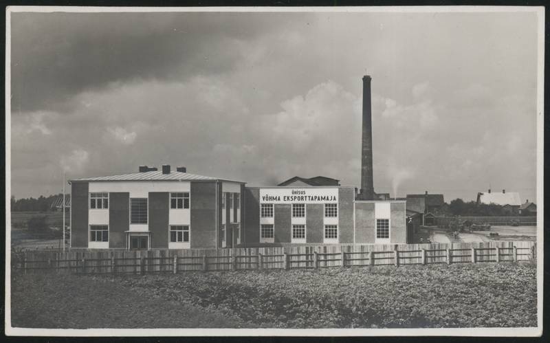 Postcard, Võhma Exporttapamaja, plant garden in the forefront