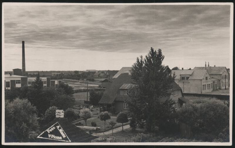 Postcard, Võhma general view, slaughterhouse on the left, economic unity building on the right