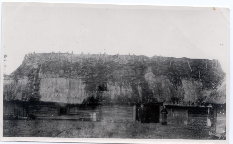 Foto. Aitsamaa talu vana rehielamu Vigalas Sääla külas. Mees ja naine maja ees. 1905.