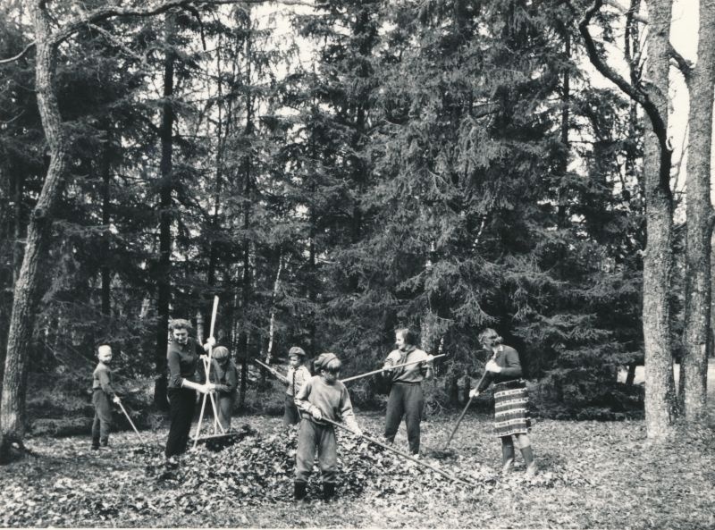 Foto. Palivere Eriinternaatkooli lapsed A.Laikmaa parki koristamas 1970.aastate alguses. Foto: Ilmarine Möldri.
