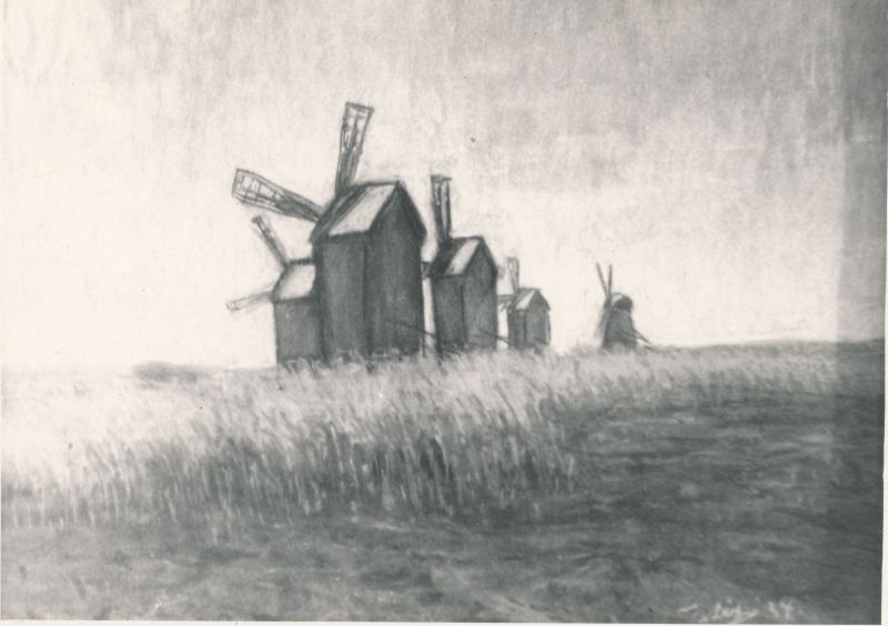 Foto. Foto A. Laikmaa pastellist "Viljapõld tuulikutega", mis eksponeeritud kunstniku majamuuseumis 1966. a. kevadel. Foto: R. Kalk