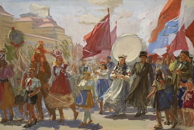 Painting, design. Aleksander Peek: Song party train, 1955  similar photo