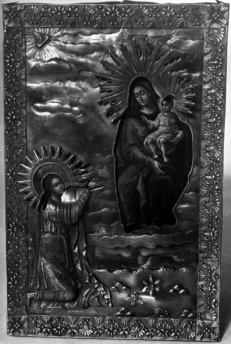 Kuriste õigeusukiriku ikoon Jumalaema ilmumine neitsi Luciale (õli, puu, hõbekate,1829.a.)