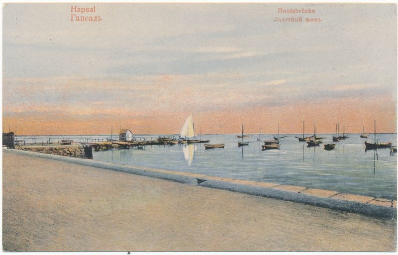 Postcard. Boat bridge on the promenade. Before 1914. Colorful.