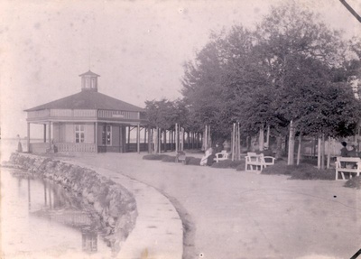 Photo. View of Haapsalu's Big Promenade, Trinkhalle and Muse library. Photos about. 1905. Black and white.  similar photo