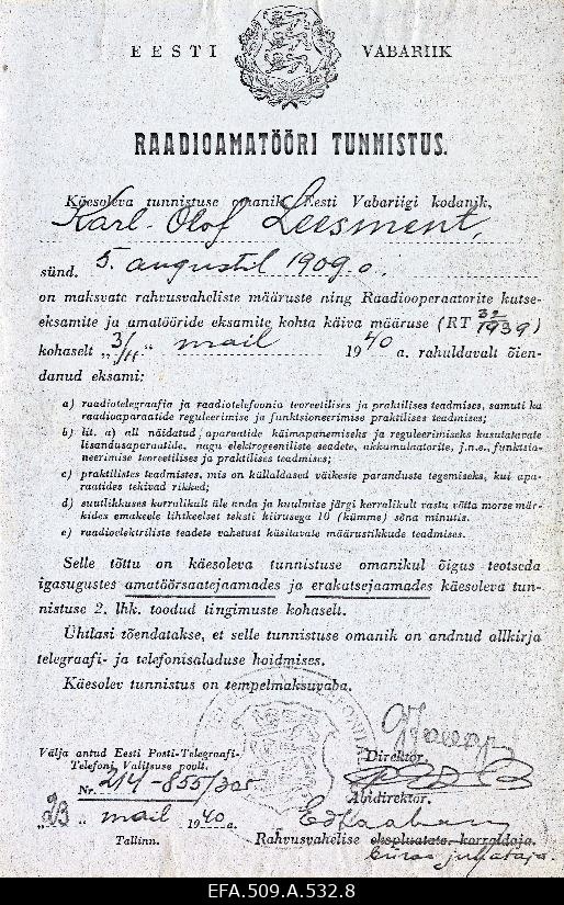 Karl Olof Leesmenti raadioamatööri tunnistus.