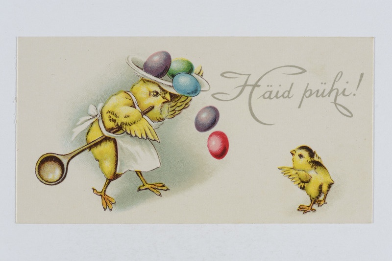 Lihavõttekaart tibudega ning tekstiga "Häid pühi!"