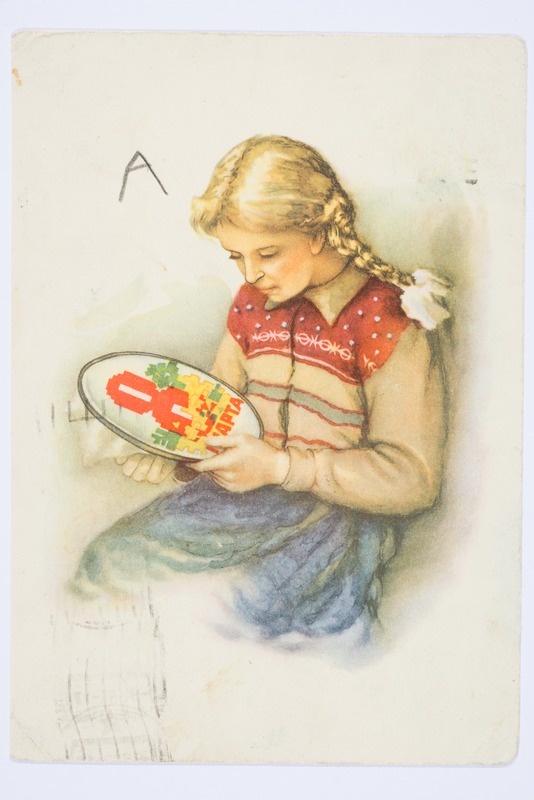 Naistepäevakaart "8 Марта": tikkiv tüdruk