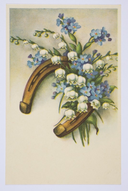 Sünnipäevakaart hobuseraua piibelehtede ja meelespeadega