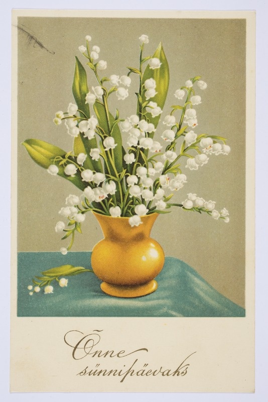 Sünnipäevakaart piibelehtedega vaasis ja tervitustekstiga "Õnne sünnipäevaks"