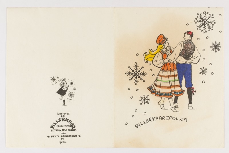 Jõulu- ja uusaastatkaart "Pillerkaarepolka" rahvariietes tantijatega