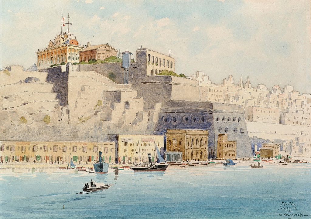 Nikolay Krasnov, View of Valletta from Grand Harbour - Nikolay Krasnov, The Auberge de Castille et Leon and the Upper Baracca (Valletta) from the Isola Point (Gardjola), Grand Harbour