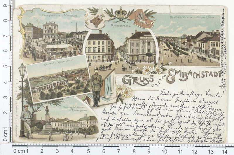 Gruss aus der Embachstadt. Dorpat. Bankgebande (pangahoone), Marktplatz (turuplats), Ritterstrasse (Rüütli tn)